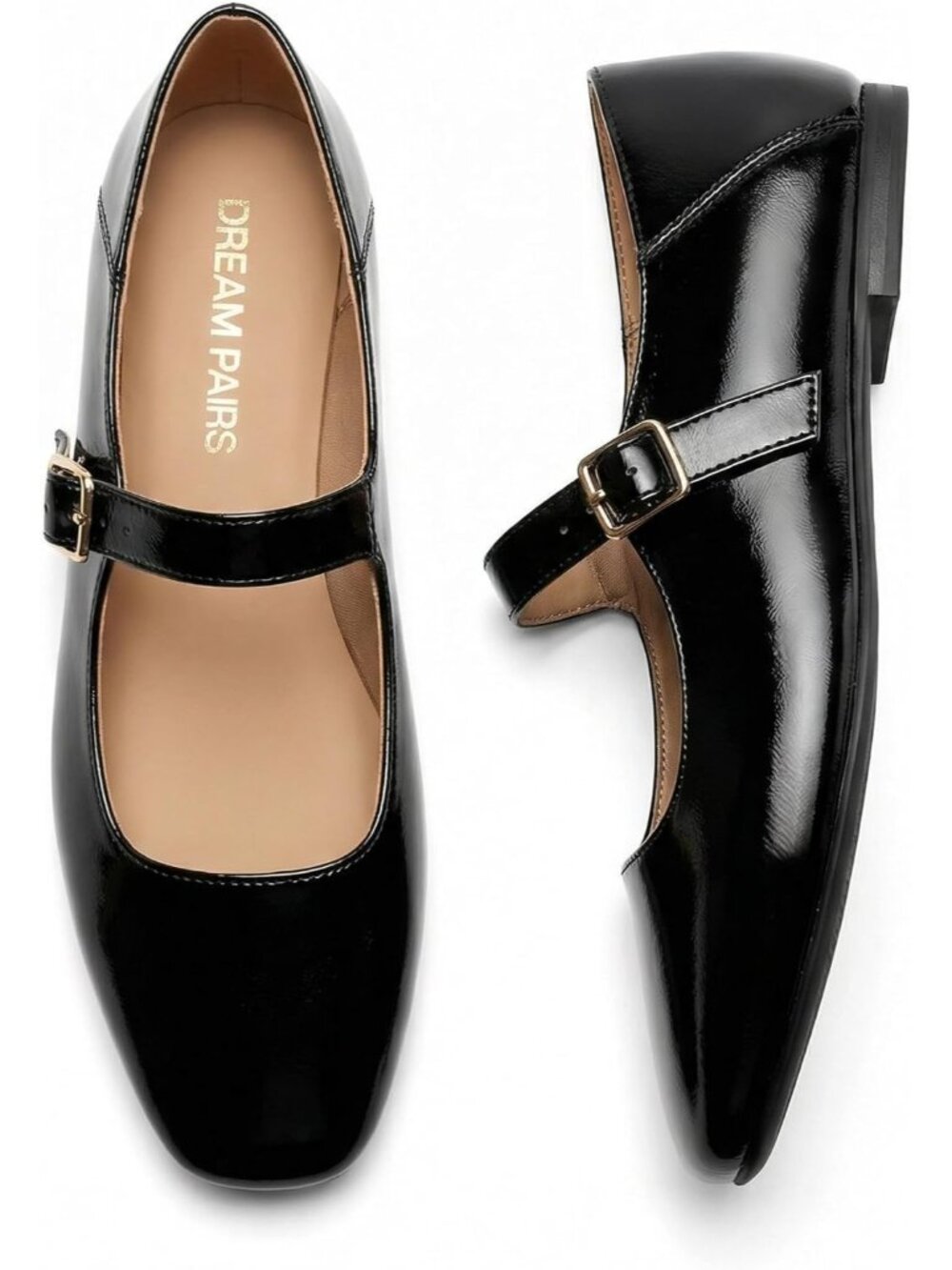 〽️Women's Mary Jane Flats Black Faux Leather Comfortable Square Toe Buckle Strap